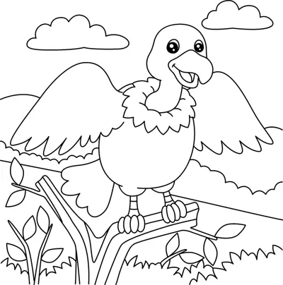 A vulture with wings spread perches on a branch with clouds in the sky.