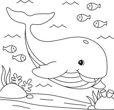 A smiling whale swims underwater with little fish, seaweed and rocks around it.