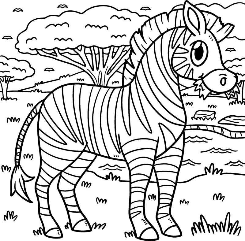 A striped zebra stands on grass with flat-topped trees and bushes behind it.