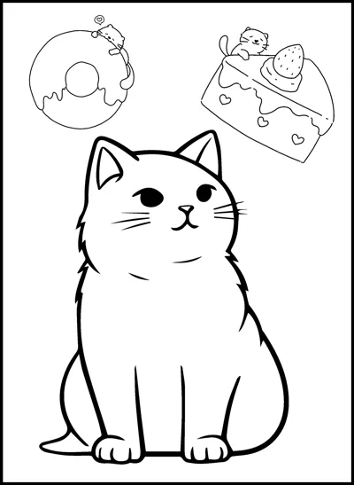 A sitting cat looks up at a donut and a slice of cake drawn above it.