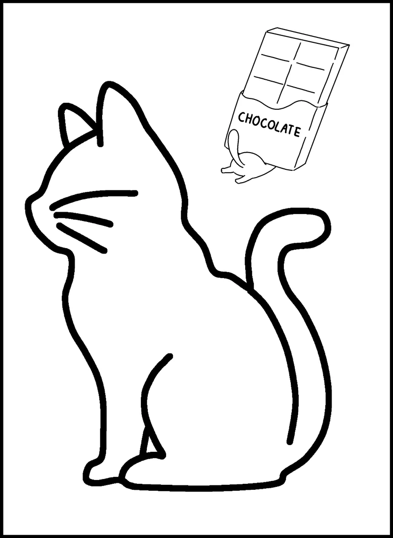 A thick-lined outline of a sitting cat seen from behind with a chocolate bar drawn in the corner.