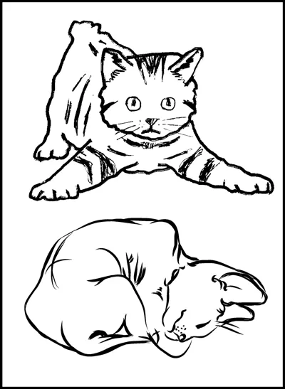 A striped cat stretches at the top of the page while another cat sleeps curled up below.