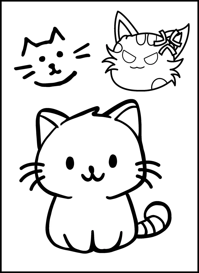 A round kawaii kitten sits below two small cat face doodles.