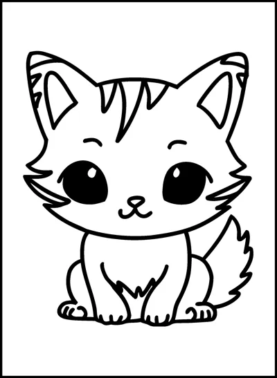A kitten with huge eyes and striped forehead sits facing forward with a fluffy tail.