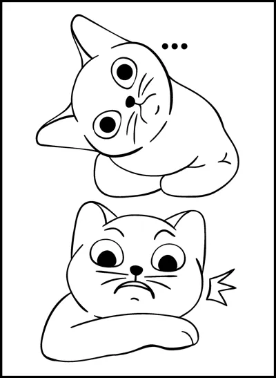 Two cats with exaggerated expressions, one surprised and one grumpy, sit one above the other.