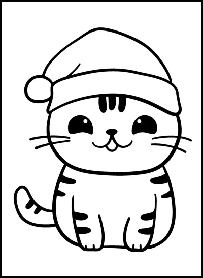 A round kitten with stripes sits wearing a floppy holiday hat with a pom-pom.