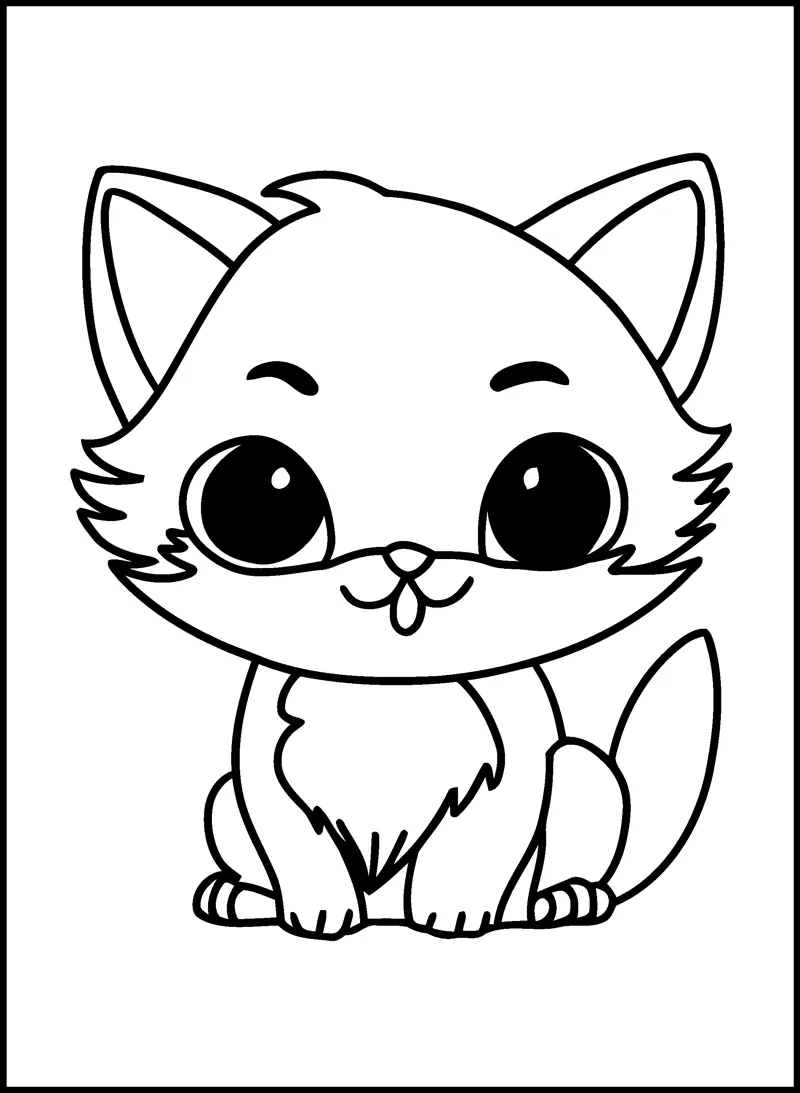 A fluffy kitten with very large eyes and pointed ears sits facing forward.