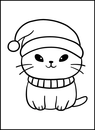 A round kitten with narrow eyes wears a holiday hat and a striped scarf.