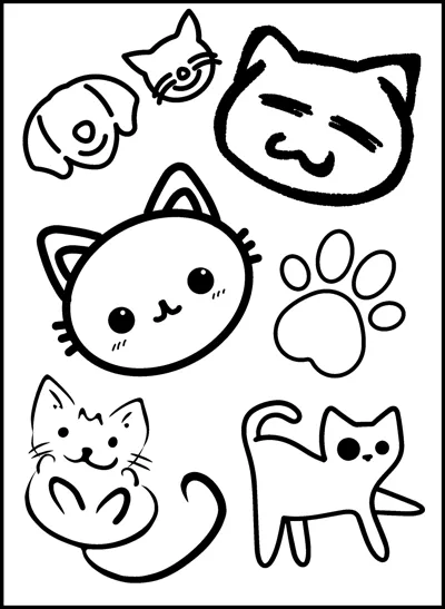 A collection of small cat face doodles, a paw print and a tiny cat scattered across the page.