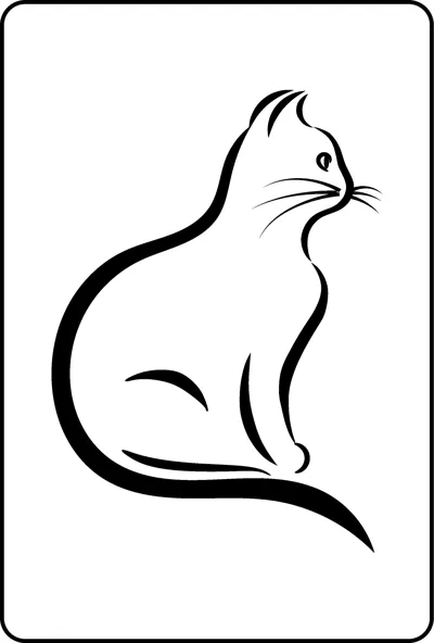 A sitting cat drawn with a few flowing lines, its tail curling around its body, inside a thin frame.