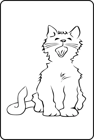 A sketched kitten sits with its mouth wide open in a yawn, tail curled beside it, inside a thin frame.