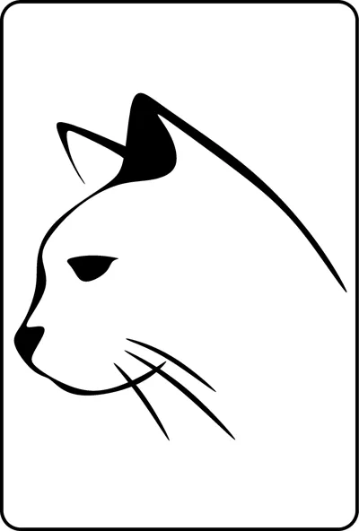A cat head in profile drawn with a few thick strokes and whiskers inside a thin frame.