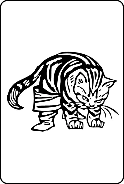 A striped tabby cat crouches and stalks forward with a dark patterned coat, inside a thin frame.