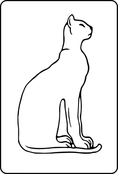 A sleek cat sits upright in profile with a long tail, drawn as a single outline inside a thin frame.