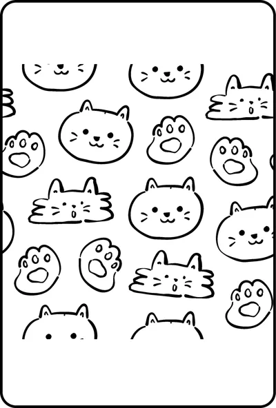 A repeating pattern of small cat faces and paw prints fills the page inside a thin frame.
