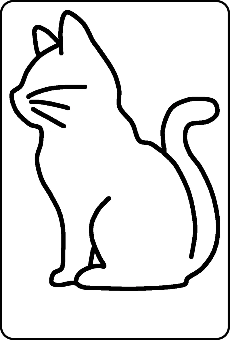 A sitting cat seen from behind with its head turned, drawn as one thick outline inside a thin frame.
