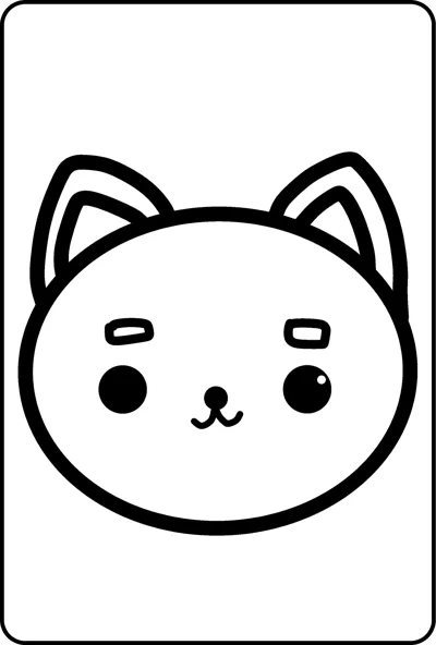 A large round cat face with pointed ears, small eyes and raised brows fills the page inside a thin frame.