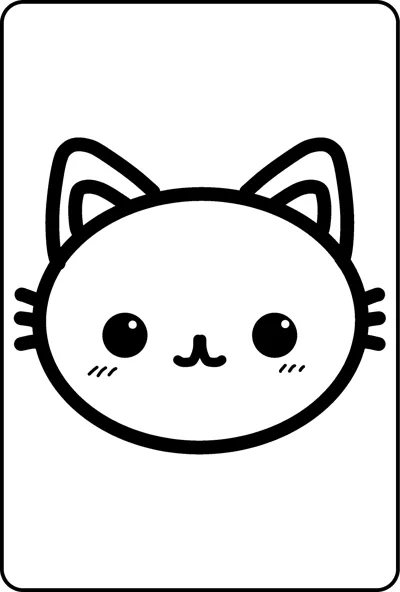 A big round cat face with pointed ears, blush marks and whiskers fills the page inside a thin frame.