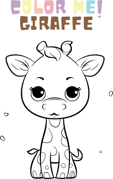 A baby giraffe with big eyes and a few spots stands facing forward under the heading Color Me Giraffe.