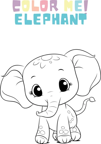 A baby elephant with big ears and a curled trunk walks forward under the heading Color Me Elephant.
