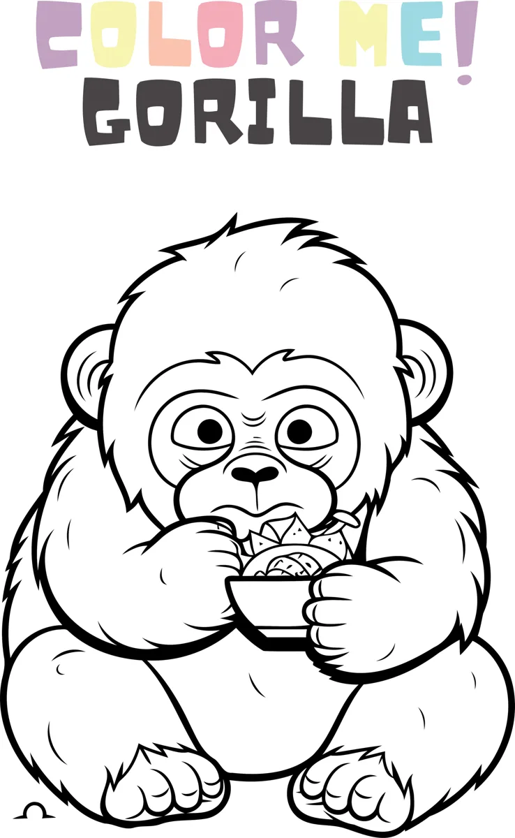 A gorilla sits holding a bowl of food to its mouth under the heading Color Me Gorilla.