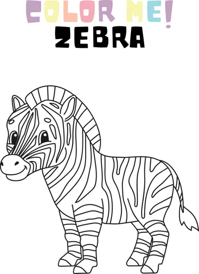 A cartoon zebra with bold stripes stands sideways under the words Color Me Zebra.