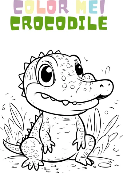 A smiling baby crocodile with big eyes sits among grass and leaves below a Color Me title.