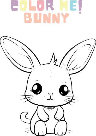 A cute bunny with very tall ears and big eyes sits facing forward under a Color Me heading.