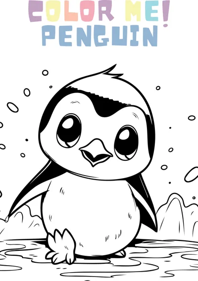 A round penguin with big eyes stands on an icy patch with snowflakes falling around it.