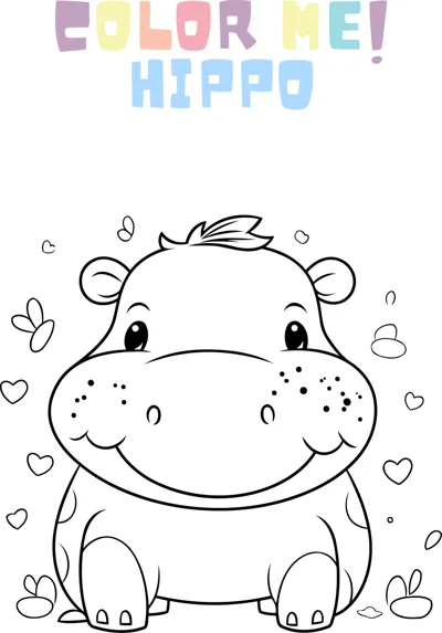 A round baby hippo with a wide snout sits smiling, surrounded by small hearts and leaves.