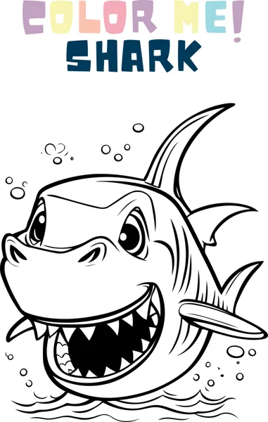 A cartoon shark with a wide toothy grin swims forward among bubbles and small waves.
