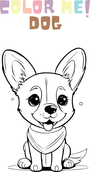 A big-eared puppy with its tongue out sits wearing a bandana under a Color Me Dog heading.