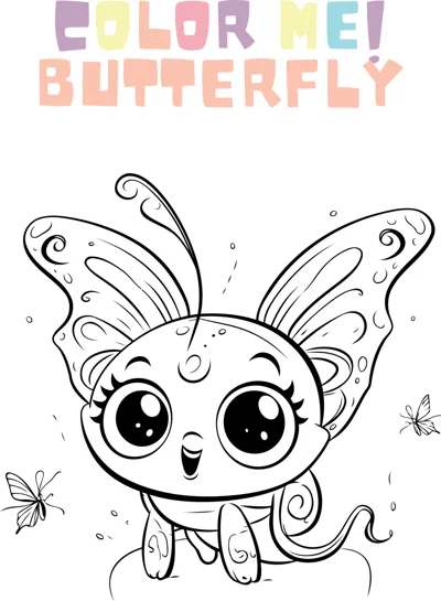 A cartoon butterfly with huge eyes and patterned wings sits upright with tiny butterflies nearby.