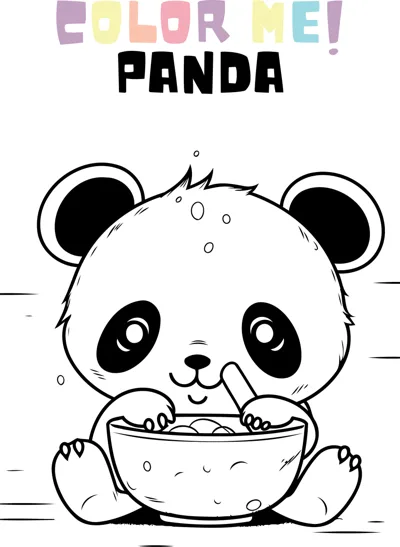 A chubby panda sits holding a spoon and eating from a large bowl in front of it.