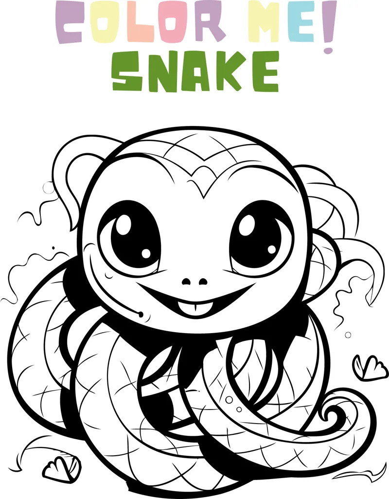 A smiling cartoon snake with big eyes coils its patterned body into a loop.