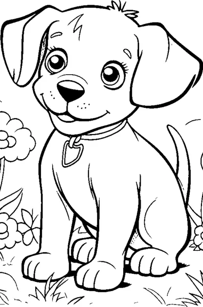 A floppy-eared puppy with a heart tag on its collar sits beside flowers and bushes.