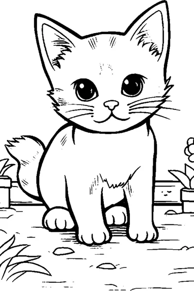 A fluffy kitten with big eyes sits on the ground near a fence and plants.