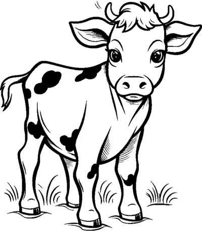A spotted baby cow with big eyes stands on grass with tufts around its hooves.