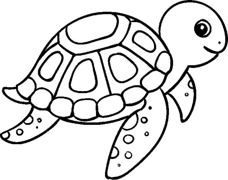 A smiling sea turtle with a patterned shell swims with its flippers spread wide.