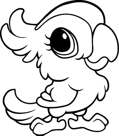 A fluffy cartoon parrot with a large curved beak and big eyes stands on short legs.