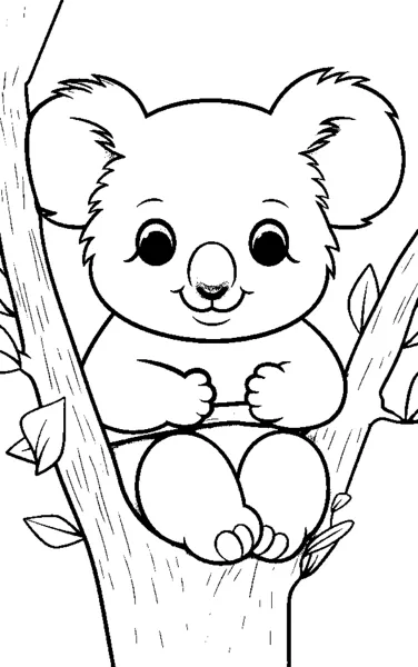 A round baby koala with fluffy ears hugs a tree trunk with leaves around it.