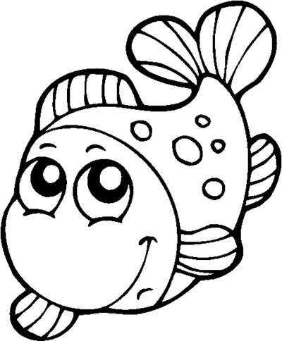 A round cartoon fish with huge eyes, spots and striped fins smiles at the viewer.