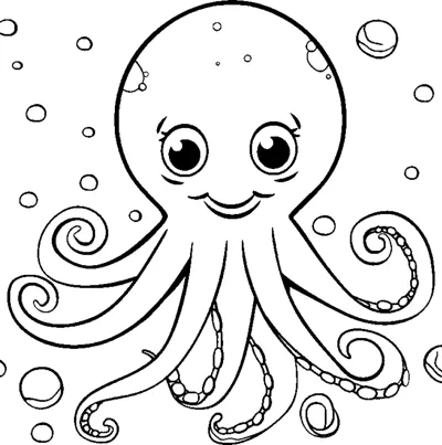 A happy octopus with big eyes spreads its curly tentacles among floating bubbles.