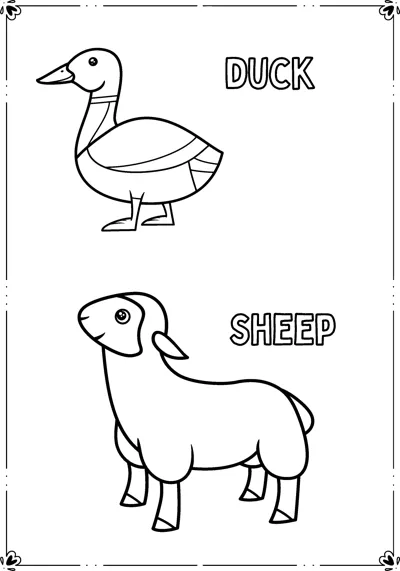 A duck and a sheep stand inside a decorative frame, each labelled with its name.