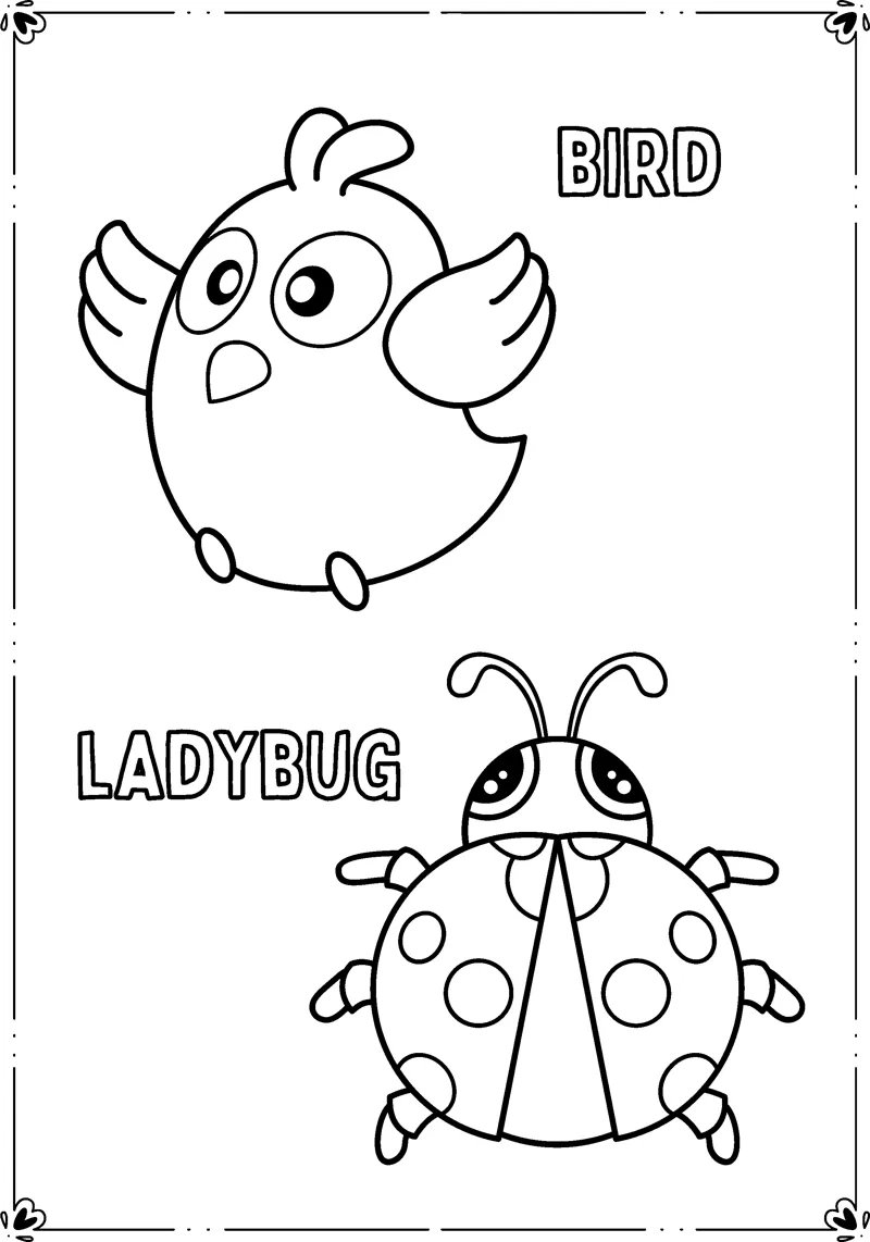 A round bird and a spotted ladybug sit inside a frame with their names written beside them.