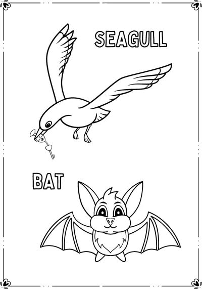 A flying seagull holding a fish and a smiling bat appear inside a frame with name labels.