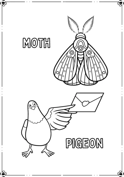 A patterned moth and a pigeon holding an envelope sit inside a frame with name labels.