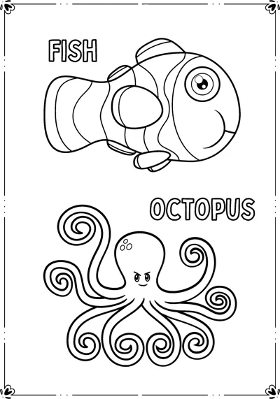 A striped fish and an octopus with curling tentacles appear inside a frame with name labels.