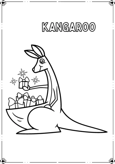 A kangaroo stands with wrapped presents stuffed into its pouch inside a framed page.