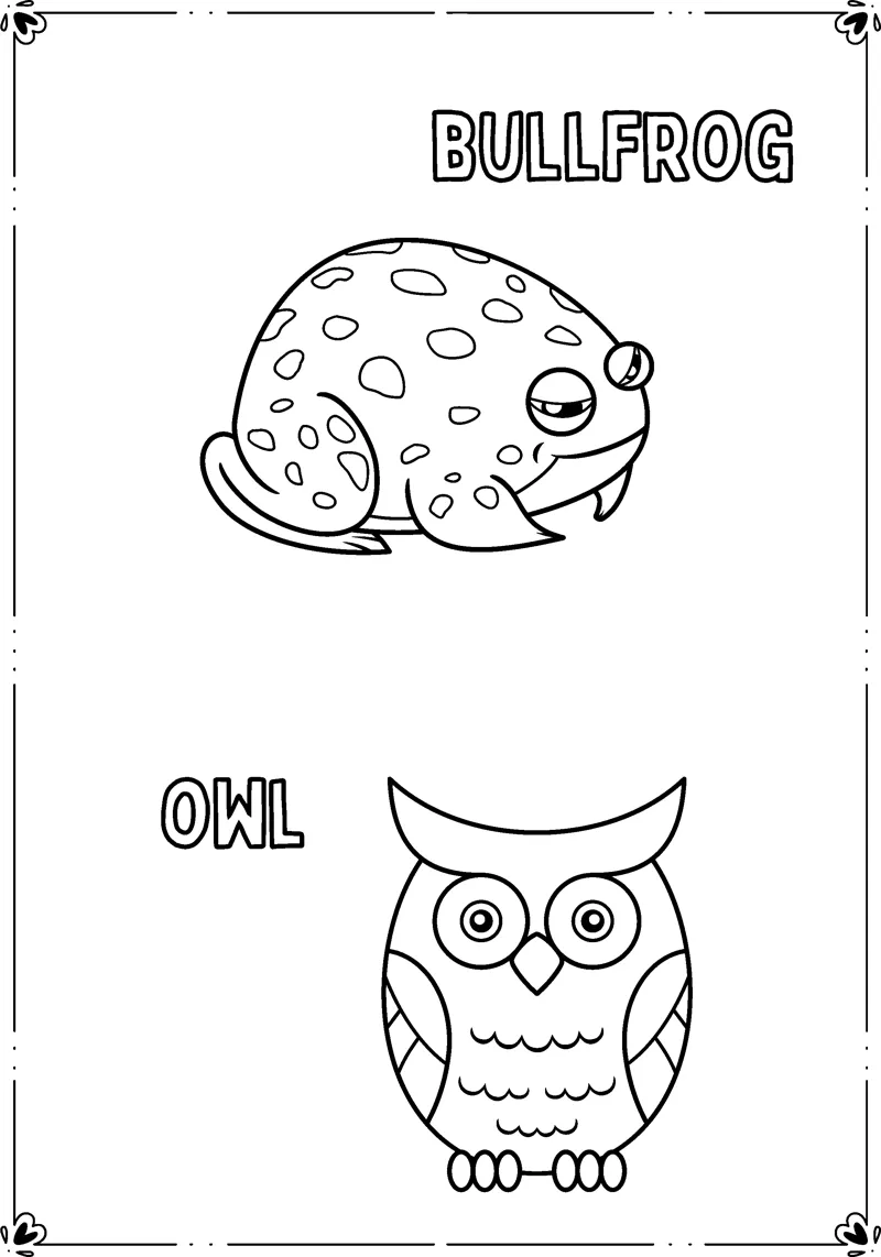 A spotted bullfrog and a small owl sit inside a frame with their names printed nearby.